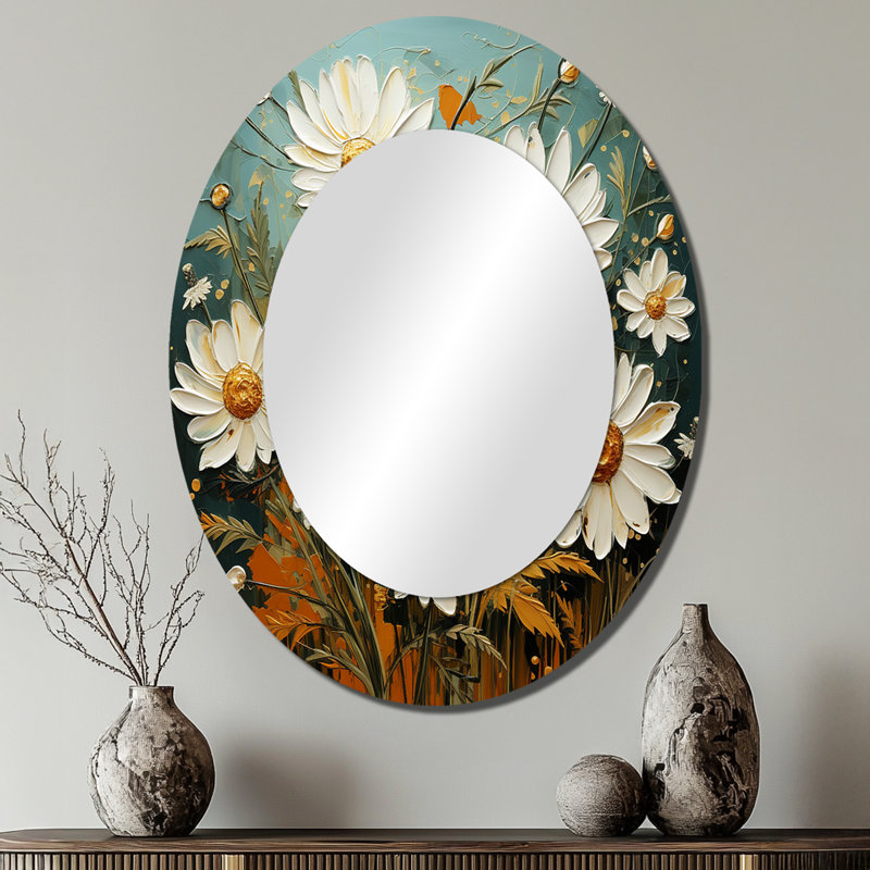 White And Teal Daisy Serenade II - Modern Oval Wall Mirror, 40" x 30"