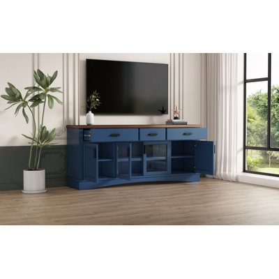 Console de télévision moderne, meuble télé d'une largeur de 67 po, portes et tiroirs de rangement en verre, tablettes réglables