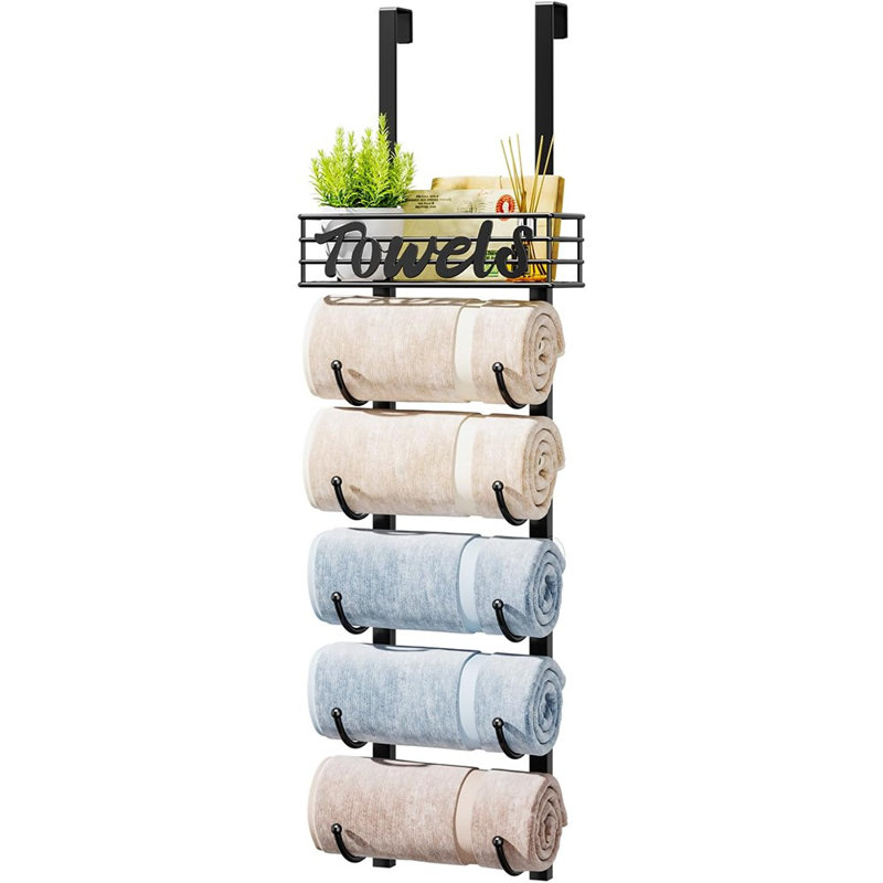 Porte-serviettes pour le rangement de la salle de bain - Porte-organisateur de rangement à serviettes à 6 niveaux avec porte-serviette sur roulettes avec panier en métal pour petite salle de bain, camping-car, VR - Noir