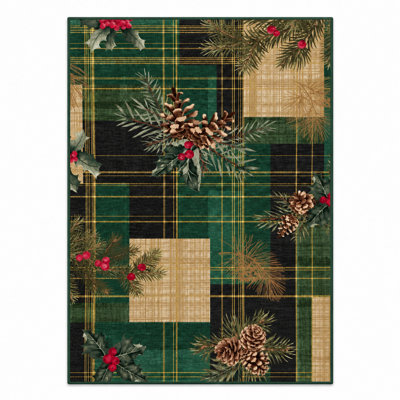 Tapis de couloir de Noël à motif écossais de Noël, tapis de couloir de vacances en velours perle pliable avec pomme de pin et imprimé de houx antidérapant Tapis de sol festif à envers TPR