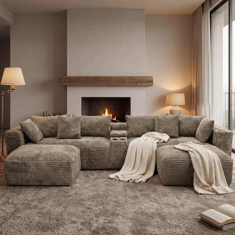 Canapé modulaire surdimensionné en velours côtelé avec console USB et porte-gobelets, Brown Chenille