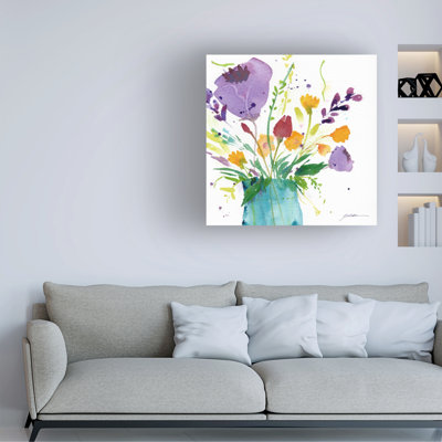 «Teal Vase with Bright Flowers» par Sheila Golden - peinture sur toile tendue