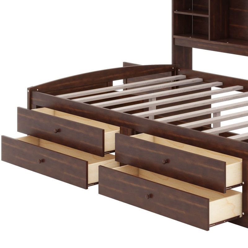 Full-Size Wooden Captain's Bed With Built-In Storage Shelves, Four Drawers, And Two Cabinets