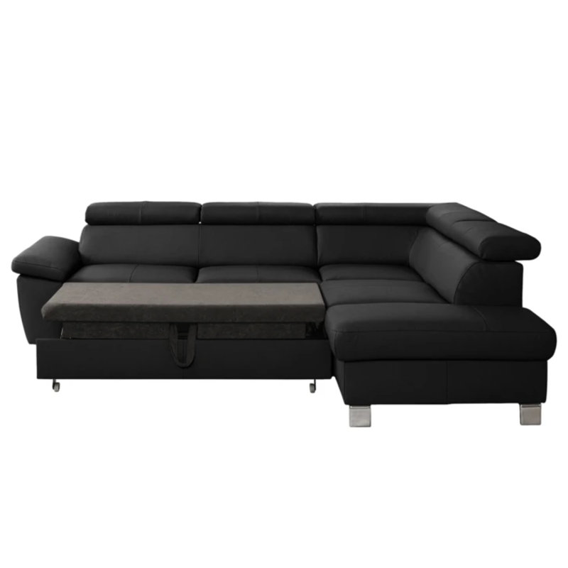 Alfreddie Leather Corner Sofa with Sleeping Function and Storage, Right Hand Facing, Black