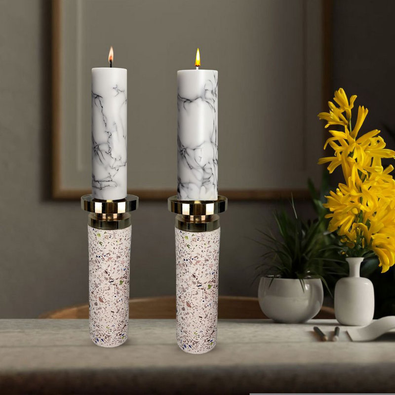 Splattered Cement Candlesticks with Gold Sconce, 10" H x 3" W x 3" D, Pink/Gold