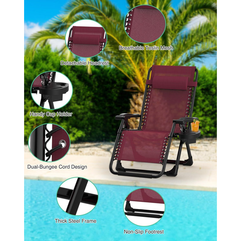 Arlmont & Co. Zero Gravity Chair, Portable Folding Outdoor Recliner w/Removable Cushion, Cup Holder and Pillow