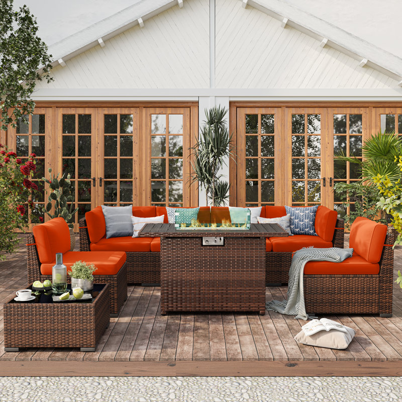 Ensemble de conversation modulaire en rotin pour 6 personnes avec coussins, Orange, Oui