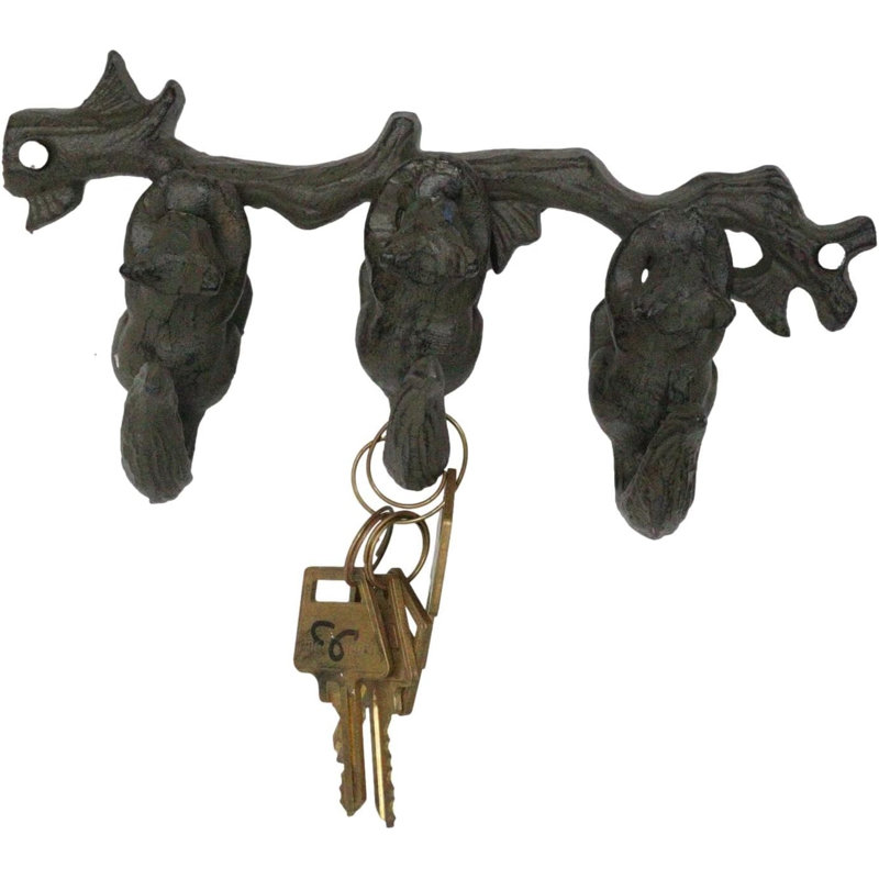 Rustic Country Cast Iron Squirrel On Tree Branch 4-Peg Wall Coat Hooks 13"L
