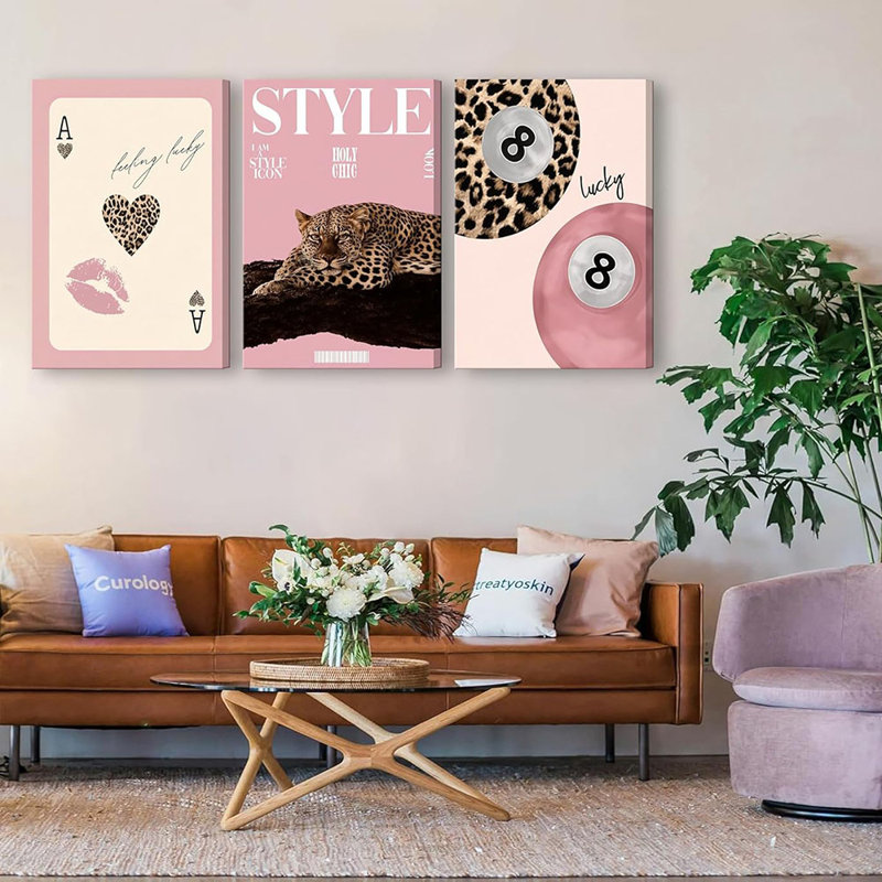 Set Of 3 Framed Trendy Pink Leopard Canvas Wall Art Funky Lucky 8 Ball Posters Prints Preppy Room Aesthetic Cheetah Wall Decor Pictures For Bedroom Apartment Dorm Decoration