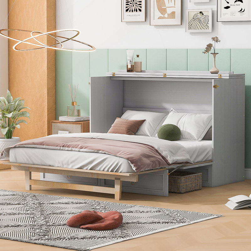 Grand lit escamotable avec grands tiroirs, blanc