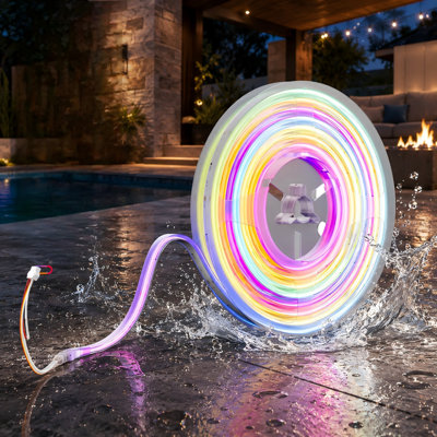 Addressable 24V RGB Smart IC COB lighting in a 16.4ft multicolor strip, UL-Listed and IP67 waterproof, with chasing-color effects for indoor or outdoor lighting projects; controller and adapter are not included.