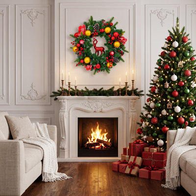 24" Pre-Lit Christmas Wreath with Reindeer & Christmas Ball Decorations, 20 LED Lights for Front Door & Mantel