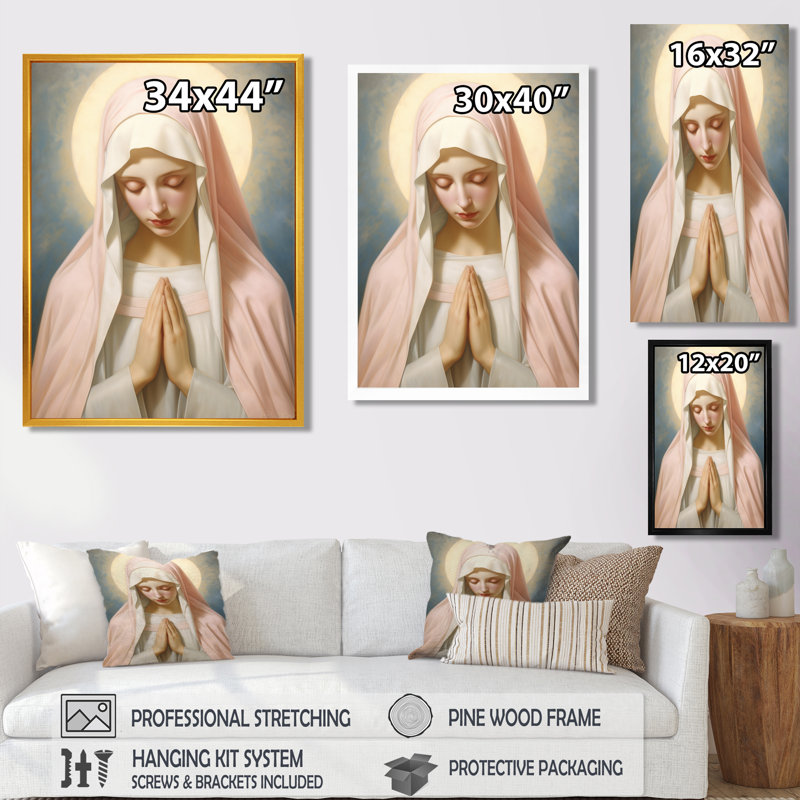 Sainte Marie pastel rose brillant Halo - Christianisme, art mural salon, Toile avec cadre flottant brun