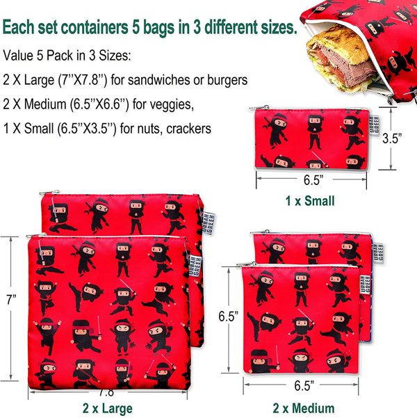 Reusable Sandwich Snack Bags for kids Urban Green, Sandwich bags zipper  dishwasher safe, snack pouch bag cloths, Lunch Bags, BPA Free, 5 pack