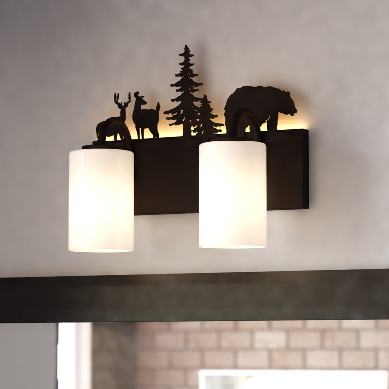 Acadia 2-Light 14.5 In. Wide Bronze Rustic Wildlife Bathroom Vanity Lighting Fixture With Nightlight, Frosted White Glass Shade, Dimmable, Over The Mirror Mounted Steel Wall Sconce