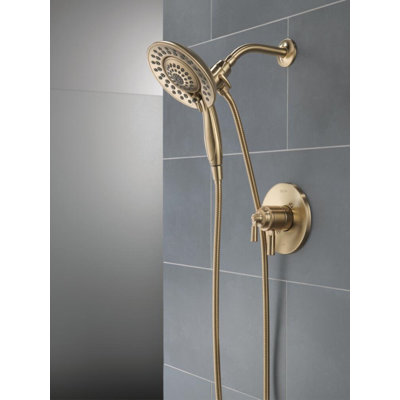 Saylor 17 Series Brushed Gold Dual-Function Shower Faucet Set with In2ition 2-in-1 Dual Shower Head with HandHeld Spray Combo, Valve Trim Kit, Champagne Bronze (Valve Not Included)
