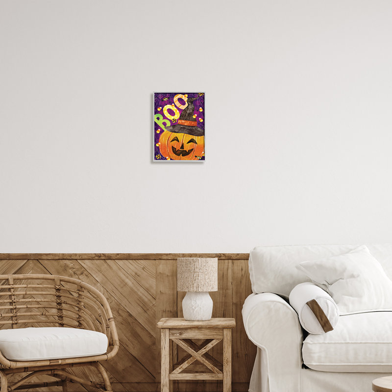 Boo Jack-o-Lantern, bonbon d'Halloween, encadré sur bois par ND Art, impression, H 14 po x l 11 po x P 1,5 po