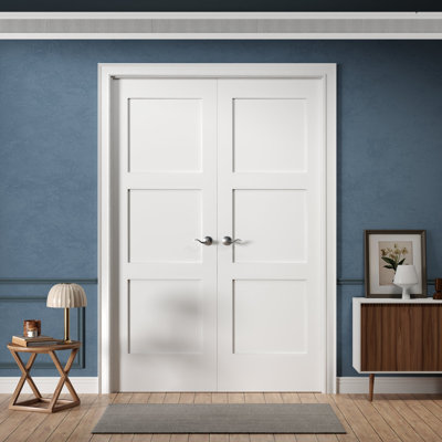 56-in x 80-in Interior Double Prehung French Door Right-Hand Pre-Drilled for Hardware 3-Panel Shaker Solid Core White Primed Ready-to-Prehung Design with Jamb Kit and Black Hinges