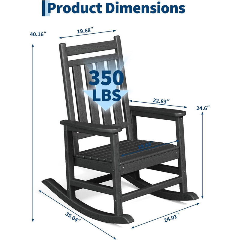 2pcs Outdoor Poly High Back Rocking Adirondack Chair, All-Weather HDPE Construction, 350 lbs Capacity for Patio, Front Porch, Garden