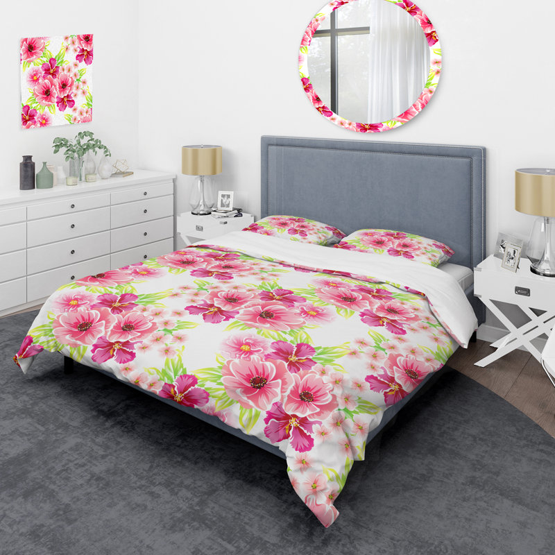 Fleurs roses et feuille verte - ensemble de housse de couette floral - microfibre de polyester