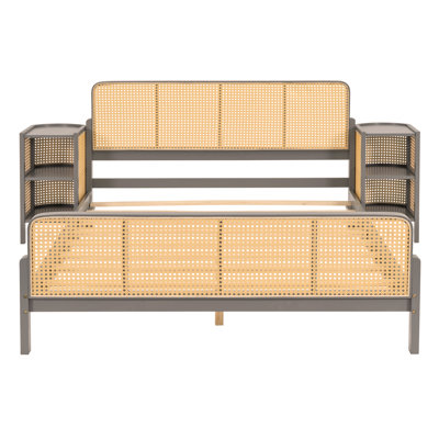 Lit plateforme en rotin 3 pièces avec 2 tables de chevet