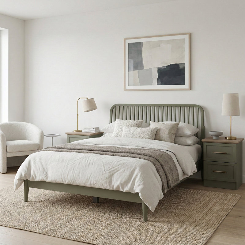 Kentwood Solid Bed Pair with Bedside Table 2 Piece Bedroom Set, Kale Green