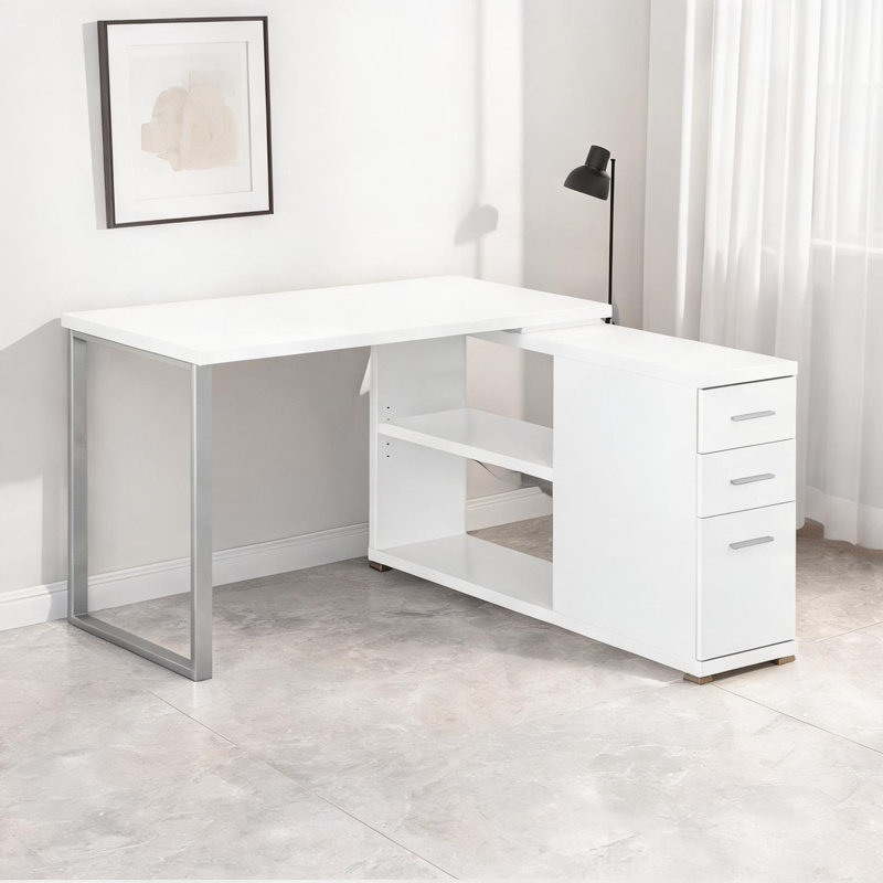 Bureau d'ordinateur en L à panneau de particules avec tiroirs en gris doux, poste de travail polyvalent, White/Gray