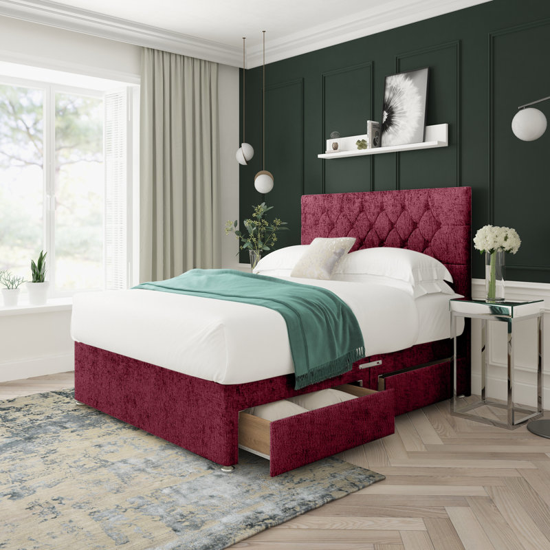 Upholstered Divan Bed, Small Single (2'6), Purple, Left Side Drawers