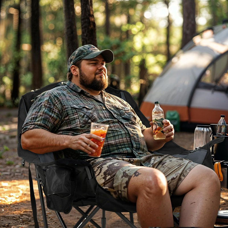 22"W Camping Armchair Chair - 400lbs Support Heavy-with Padded Comfort & Built-In Side Pocket for Outdoor Sports Black