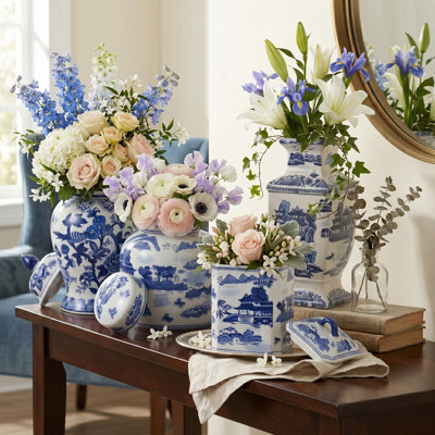 Set Of 4 Ceramic Chinoiserie Jars And Vases For Home Decor - Decorative Lidded Ginger Jar And Vase Collection For Console, Shelf & Table Styling - Blue And White
