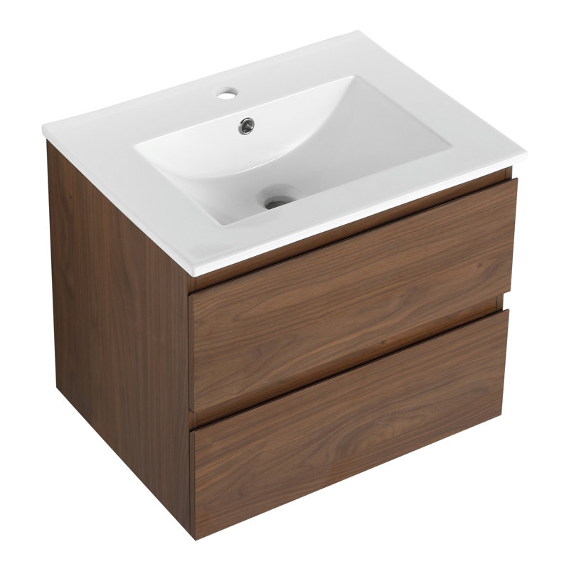 Meuble-lavabo mural 24 po avec lavabo en céramique, 2 tiroirs à fermeture en douceur, ensemble KD, Brown Oak