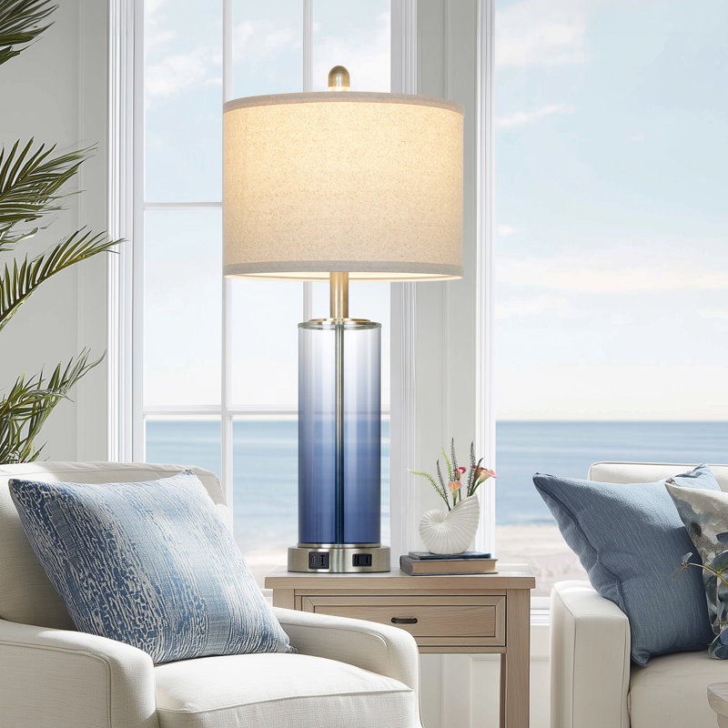 26” Modern Glass Touch Control Table Lamps with Dual USB Ports, Silver/Blue, Beige