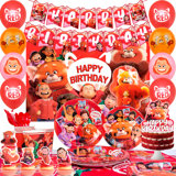 113Pcs Turning Red Birthday Party Decorations and Tableware - Turning Red Plates Tablecloth Napkins&Turning Red Party Balloons Banner Backdrop