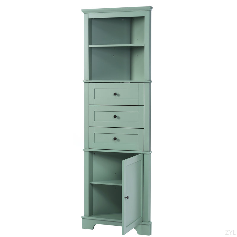 Armoire haute triangulaire avec 3 tiroirs et tablettes réglables pour la salle de bain, la cuisine ou le salon, panneau de fibres à densité moyenne avec finition peinte