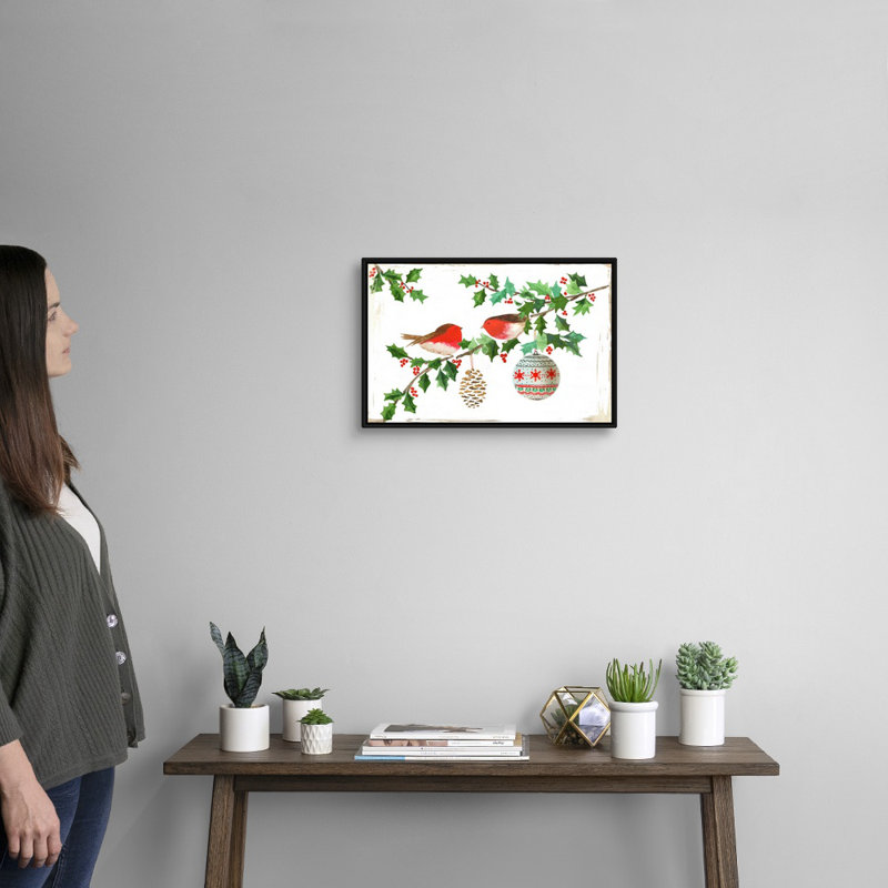 Oiseaux rouges, reproduction d’art sur toile, 14" H x 20" W x 1.75" D, Cadre noir