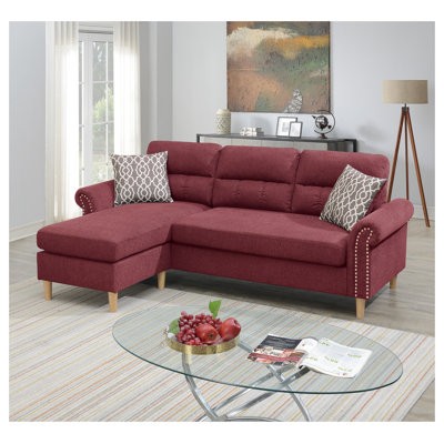 Canapé modulaire en L réversible en velours rouge Paparika avec accoudoirs roulés et garniture cloutée