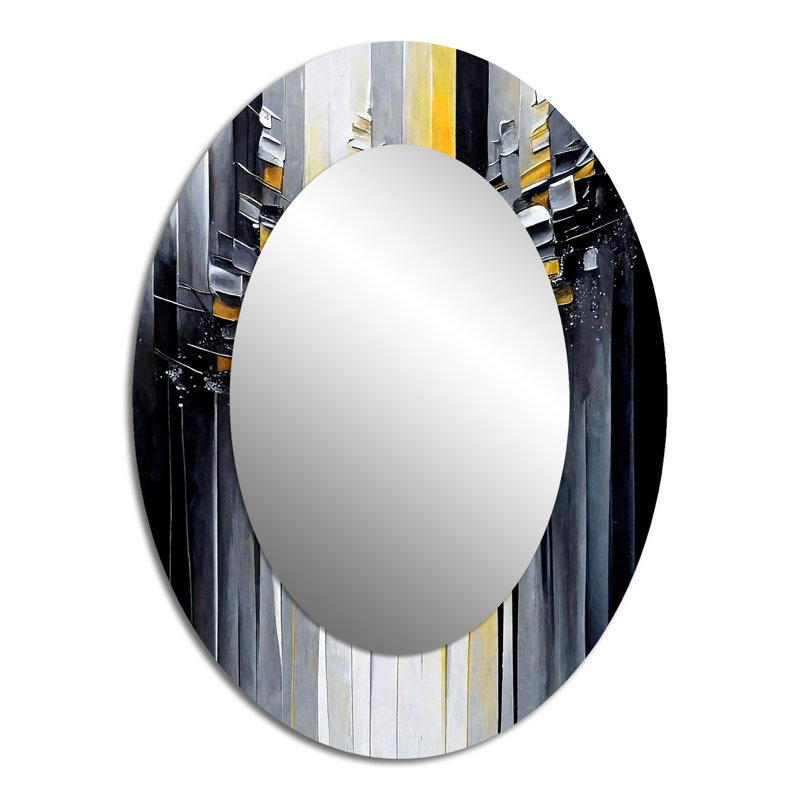 Abstract Geometric Black And Yellow III - Black Modern Oval Wall Mirror, 40" x 30"