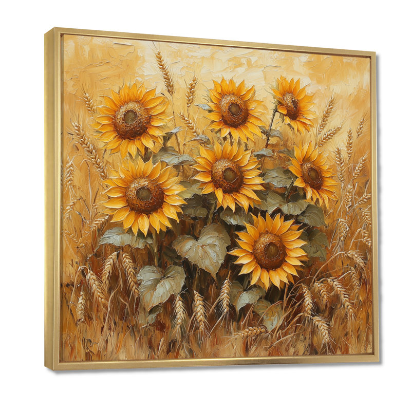«Dreyvin Sunflowers In The Wheat Barnyard VII», art mural tournesols, Impression encadrée flottante, H 16 po x l 16 po, Doré