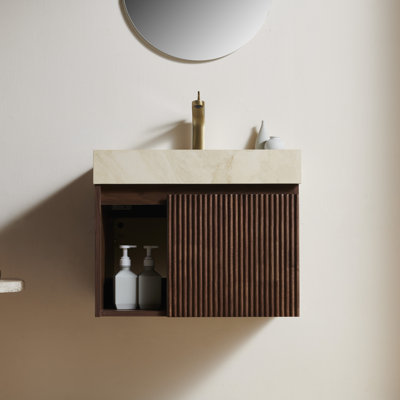 EIDEN 24' Bathroom Vanity&Sink,Floating Storage Cabinet, Cream Gold Vein Sintered Stone Top&Ceramic Basin with 1 Pre-drilled Faucet Hole,Disassembled, NO Faucet and Drain Set, Walnut Woodgrain Color