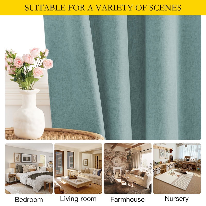 100% Blackout Faux Linen Curtains for Living Room Grommet Privacy Insulated Drapes, Set of 2, 52" W x 84" L, Stone Blue