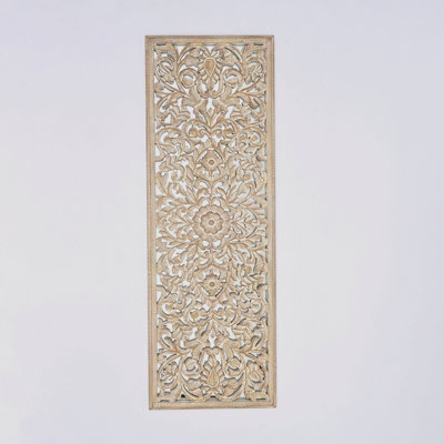 Wooden Floral Hand Carved Mandala Rectangle Wall Decor Accent with Mirror Work-24X71"