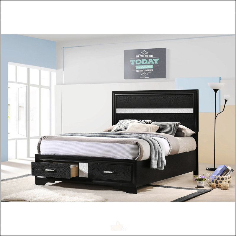 Lit à panneaux avec rangement intégré Urbana noir avec tiroirs intégrés et accents glamour, parfait pour les chambres à coucher modernes.
