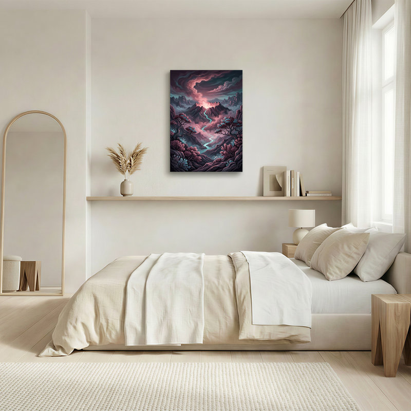 «Mauve montagnes et rivière incandescente avec arbres roses», art mural sur toile, 24"H x 18"W
