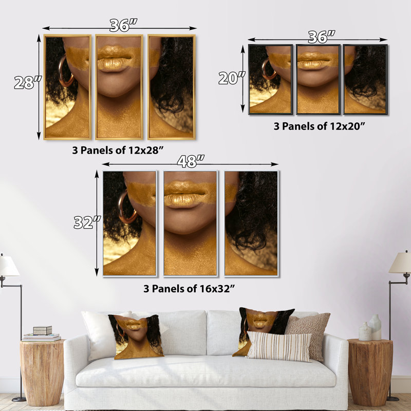 Femme afro-américaine avec peinture dorée sur corps - ensemble d'art moderne sur toile encadrée moderne de 3, Cadre doré