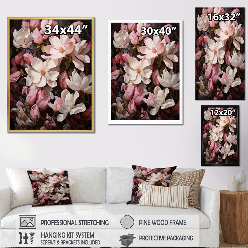Rose, blanc, magnolia et magnolia - Étreinte, Cadre photo noir, H 20 po x l 12 po x P 1 po