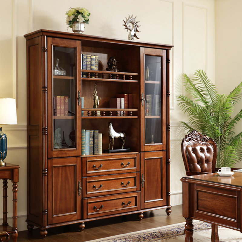 American-Style Vintage Mahogany With Glass Storage Cabinet Bookcase