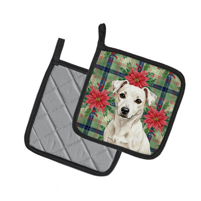White Jack Russell Terrier Christmas Poinsettas Pair of Pot Holders
