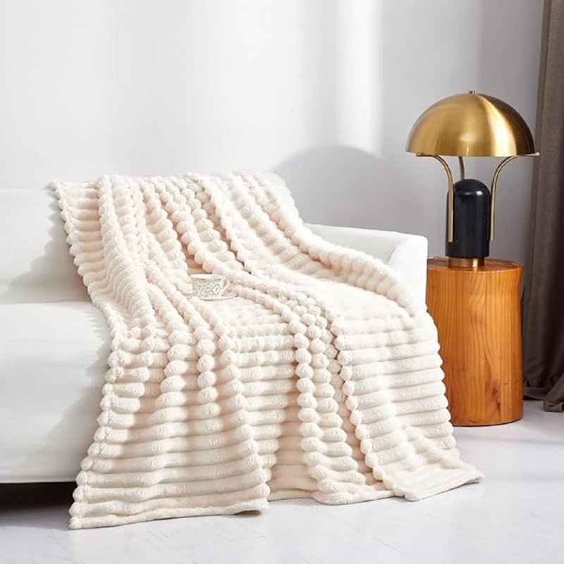 Luxury Soft Warm Ribbed Throw Faux Fur Blanket Sofa Bed Chair Fleece Small Large Machine Woven Throw Blanket, Cream