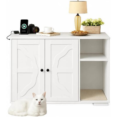 Large Litter Box Enclosure with Power Outlet, Cat Cabinet with Dog-Proof Shelf & Scratching Mat, Hidden Litter Box Furniture End Table for Most Litter Boxes
