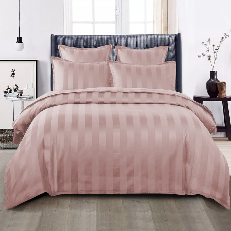 Renze Microfiber 250 TC Reversible Stripe Duvet Cover Set with Pillowcases, Peach